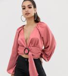 Asos Design Petite Long Sleeve Plunge Top With Buckle Front And Kimono Sleeve - Pink
