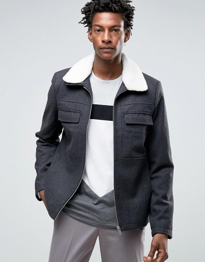 Kiomi Wool Bomber Jacket With Fleece Collar - Gray