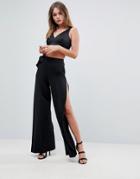 Asos Slinky Wide Leg Pants With Bow Detail - Black