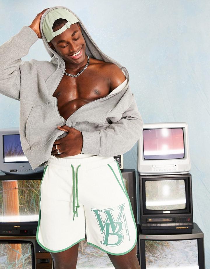 Asos Design Runner Shorts In Off White With Varsity Print-neutral
