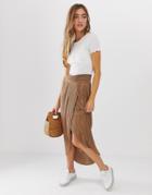 Asos Design Wrap Waistband Midi Skirt In Plisse Pleat - Beige