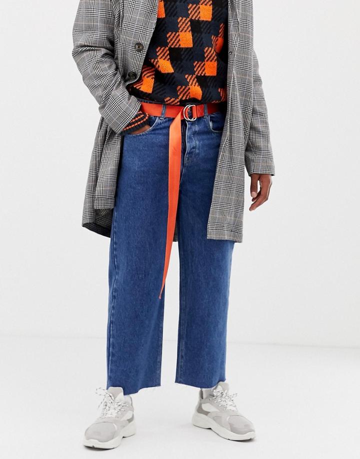Collusion Wide Fit Jean With Raw Hem In Classic Wash - Blue