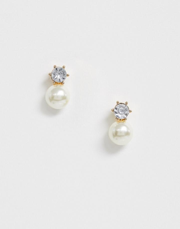 Asos Design Crystal Stud Earrings With Pearl Drop In Gold Tone - Gold