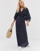 Qed London Tie Front Maxi Dress In Polka Dot Dress - Navy