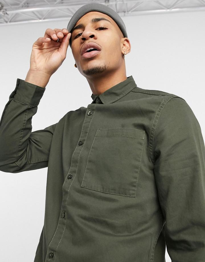 New Look Plain Twill Shirt In Dark Khaki-green