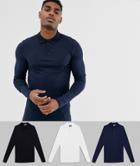 Asos Design 3 Pack Organic Muscle Fit Long Sleeve Jersey Polo Save-multi