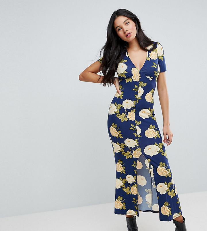 Asos Tall City Maxi Tea Dress With V Neck And Button Detail In Blue Floral Print - Blue