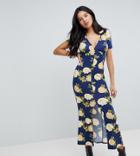 Asos Tall City Maxi Tea Dress With V Neck And Button Detail In Blue Floral Print - Blue