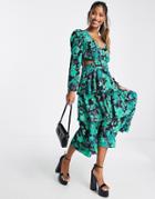 Topshop Cut Out Side Tiered Floral Midi Dress In Green