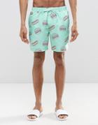 Asos Swim Shorts With Fast Food Print In Mid Length - Blue