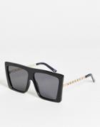 Asos Design Recycled Frame Oversized Visor Sunglasses In Black With Chain Metal Arms