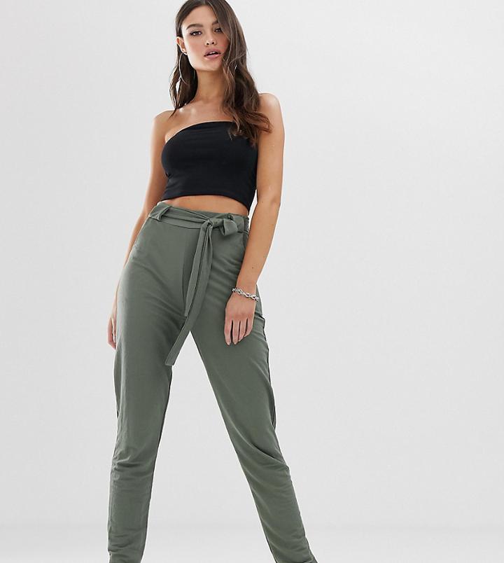 Boohoo Cigarette Pants With Tie Waist In Khaki - Green