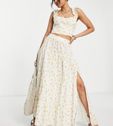 Miss Selfridge Petite Linen Look Tiered Maxi Skirt In Orange Floral-white