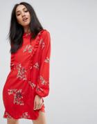 Ax Paris Red Floral High Neck Mini Dress With Long Sleeve And Frill Detail - Red