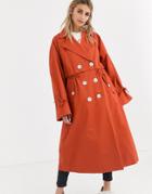 Asos Design Luxe Contrast Button Trench Coat In Rust