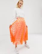 Asos Design Neon Pleated Lace Midi Skirt-orange