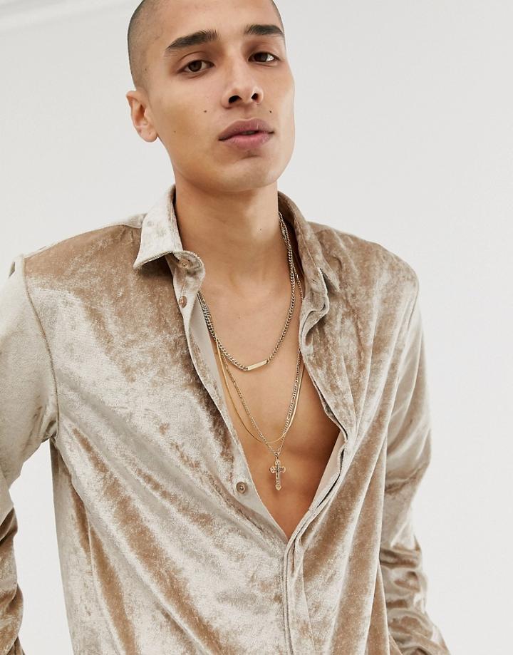 Twisted Tailor Super Skinny Velvet Shirt In Champagne