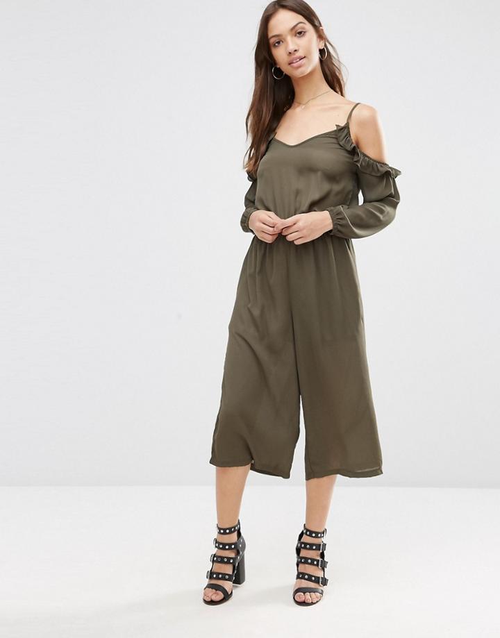 Influence Cold Shoulder Jumpsuit - Khaki