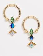 Asos Design Earrings With Open Circle And Green Jewel And Crystal Drop In Gold Tone