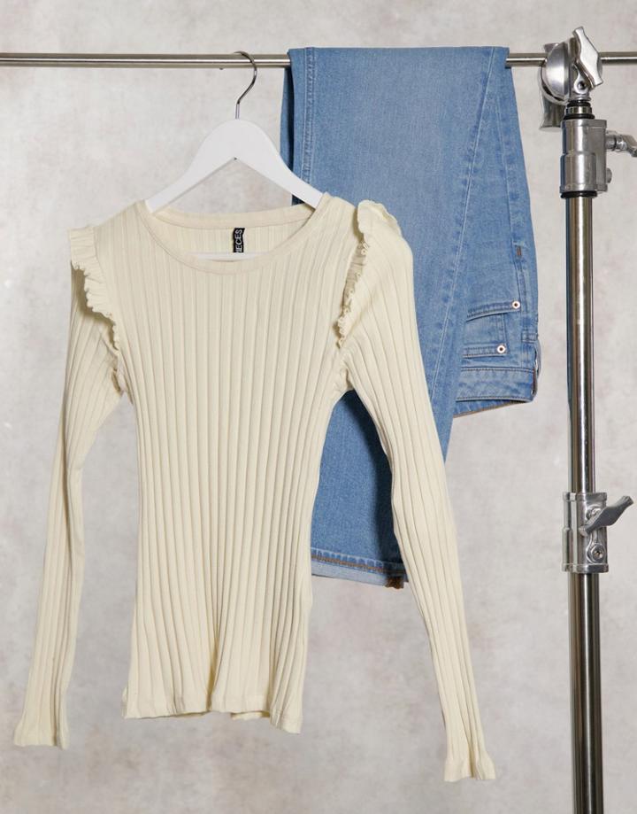 Pieces Long Sleeve Ruffle Top In Cream-white