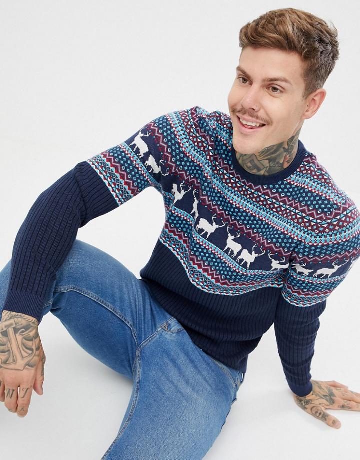 Asos Design Christmas Jumper In Rib With Fairisle Design In Navy - Navy