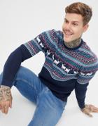 Asos Design Christmas Jumper In Rib With Fairisle Design In Navy - Navy
