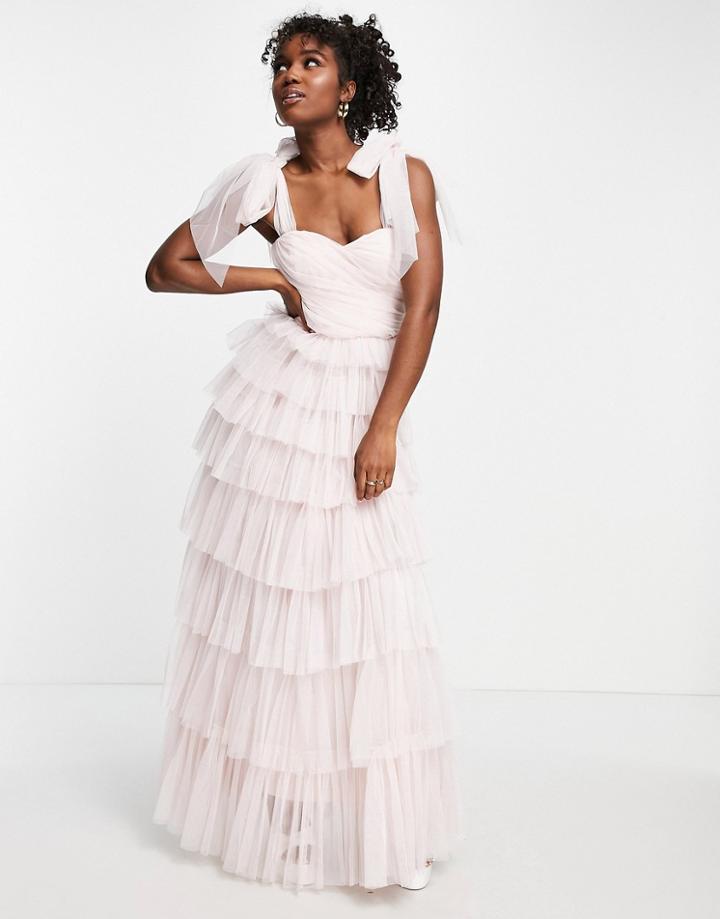 Lace & Beads Tie Shoulder Ruffle Maxi Dress In Blush-pink