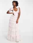 Lace & Beads Tie Shoulder Ruffle Maxi Dress In Blush-pink