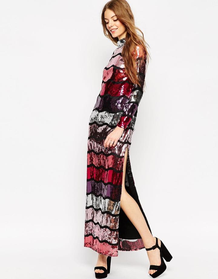 Asos Long Sleeve Sequin Stripe Maxi Dress - Multi