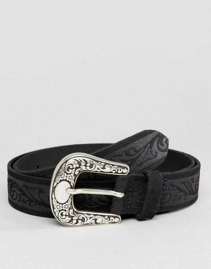 Asos Slim Suede Belt With Embossed Design And Burnished Western Buckle In Black - Black