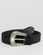 Asos Slim Suede Belt With Embossed Design And Burnished Western Buckle In Black - Black