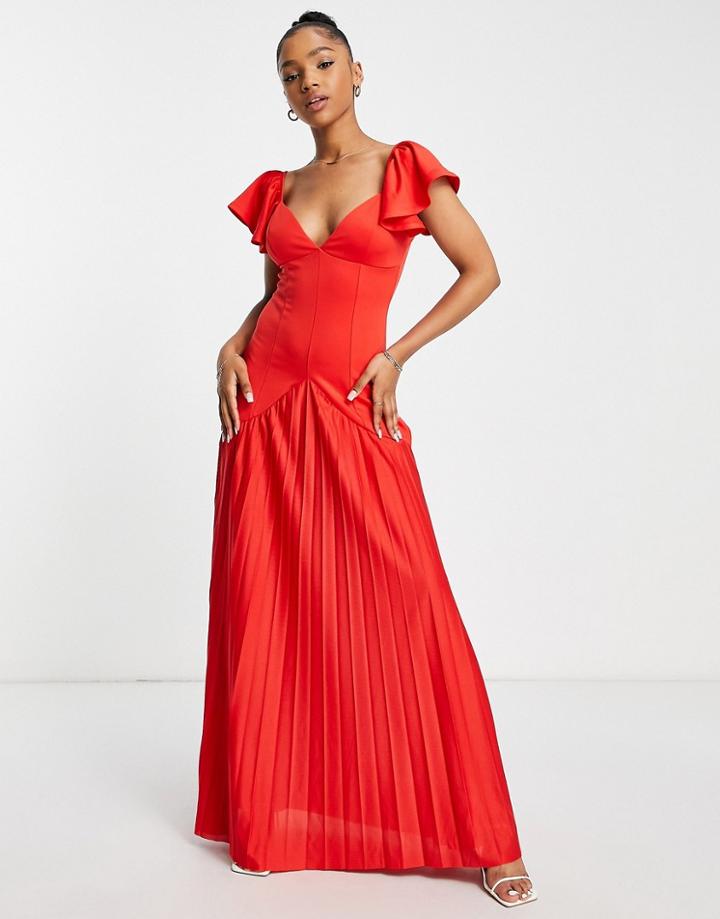 Asos Design Ruffle Sleeve Seamed Pleated Maxi Dress In Red