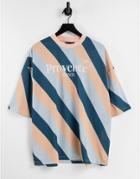 Asos Design Oversized Diagonal Stripe T-shirt In Blue & Pink With Chest Print-multi