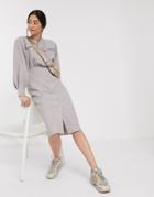 Asos Design Premium Casual Textured Popper Midi Shirt Dress In Gray-grey