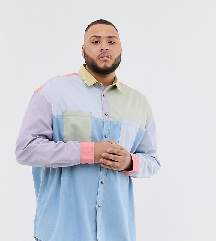 Asos Design Plus Oversized 90's Style Cut & Sew Denim Shirt In Pastels - Multi