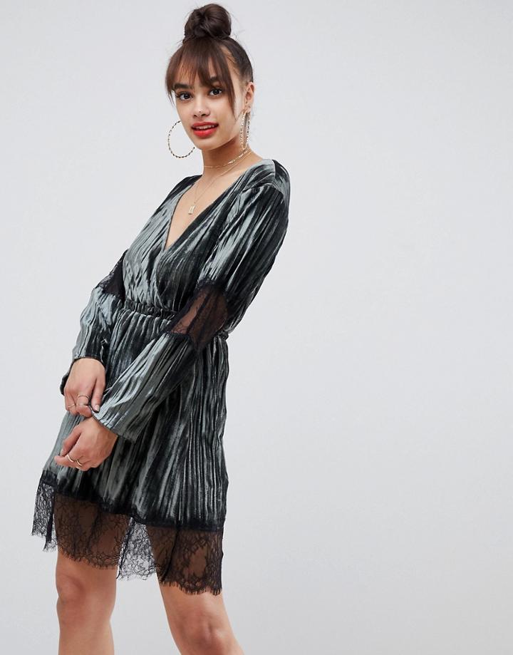 Asos Design Crushed Velvet Mini Dress With Lace Inserts - Green