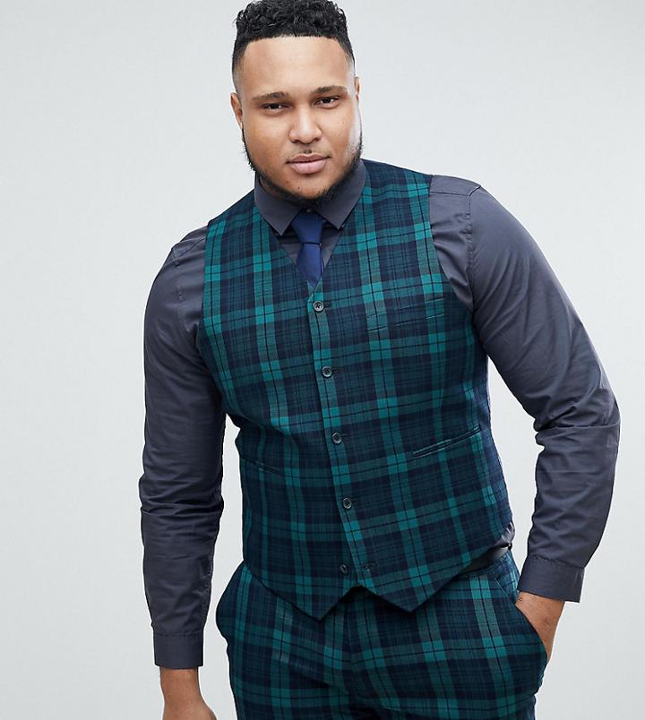 Asos Plus Super Skinny Suit Vest In Blackwatch Plaid - Green