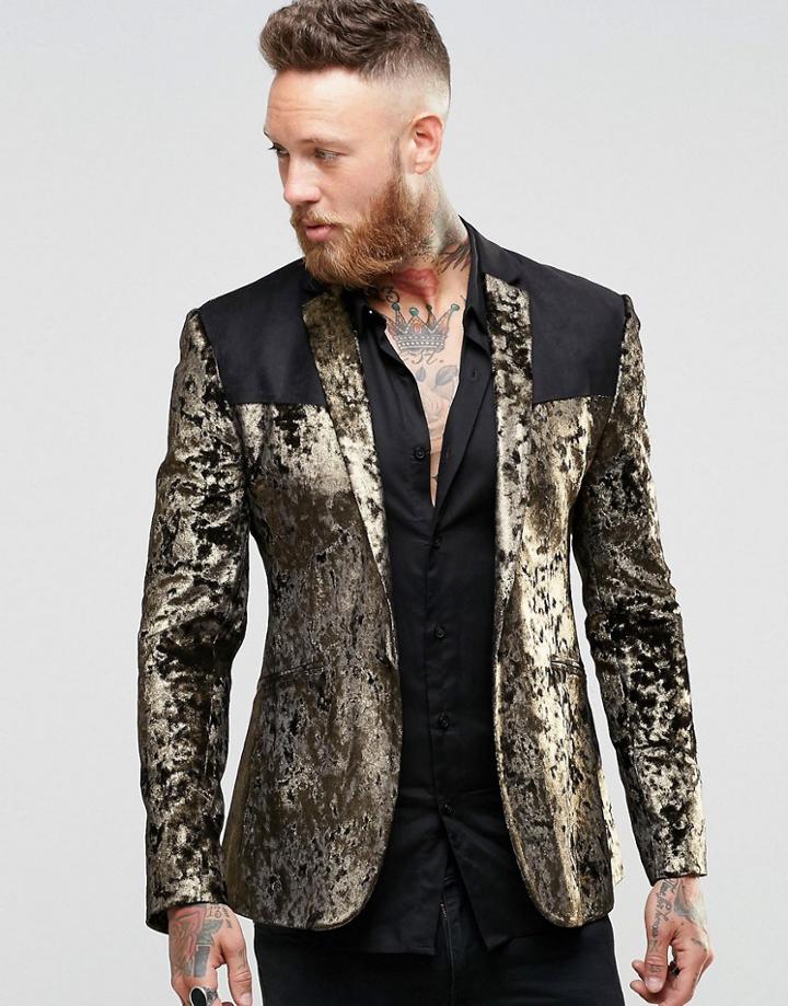 Asos Super Skinny Blazer In Gold Velvet - Gold