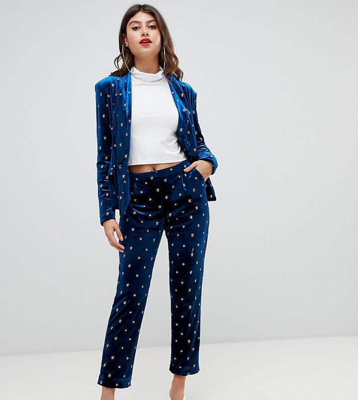 Unique21 Skinny Velvet Pants With Stars Embroidery Two-piece - Navy