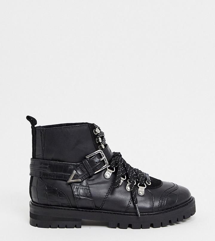 Asra Exclusive Benji Chunky Flat Hiker Boots In Black Leather Mix
