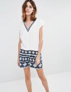 Vila V Neck Aztec Tunic Top - White And Navy
