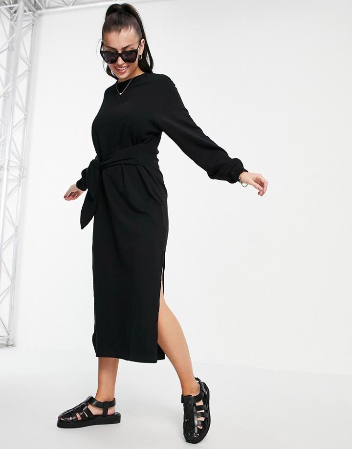 & Other Stories Organic Cotton Tie Waist Knit Midi Dress In Black