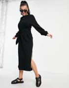 & Other Stories Organic Cotton Tie Waist Knit Midi Dress In Black