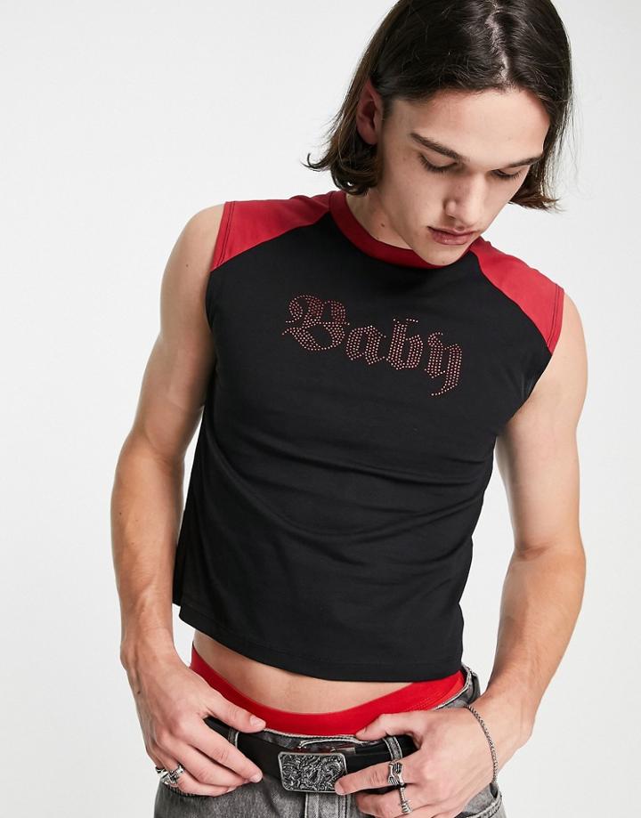 Asos Design Shrunken Fit Tank Top In Black With 'baby' Diamante Text Print
