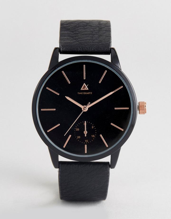 Asos Watch With Black Faux Leather Strap And Rose Highlights - Black