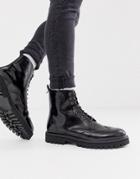 Asos Design Lace Up Boots In Black Faux Leather On Chunky Sole