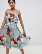 Asos Design Floral Tiered Pleated Midi Dress - Multi