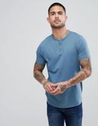 Asos T-shirt With Grandad Neck In Blue - Gray