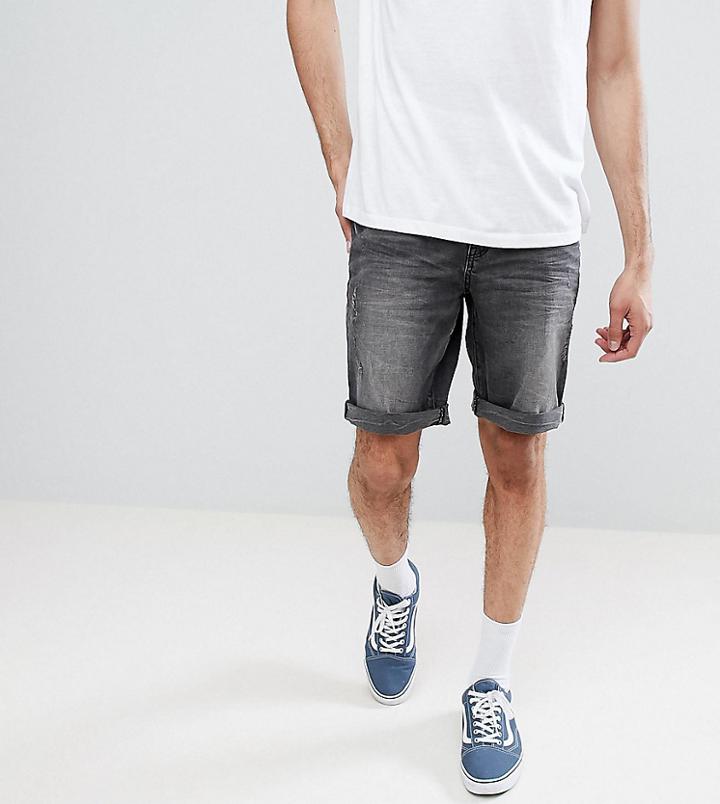 Asos Design Tall Denim Shorts In Slim Washed Black With Abrasions - Black