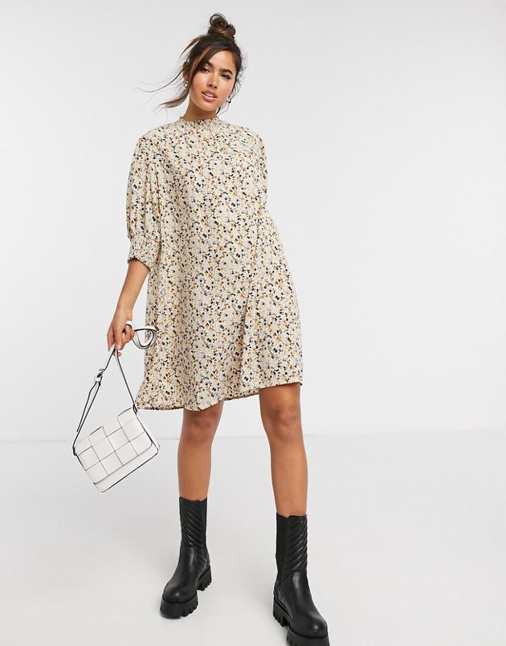 Vila Mini Smock Dress With High Neck In Ditsy Floral-multi